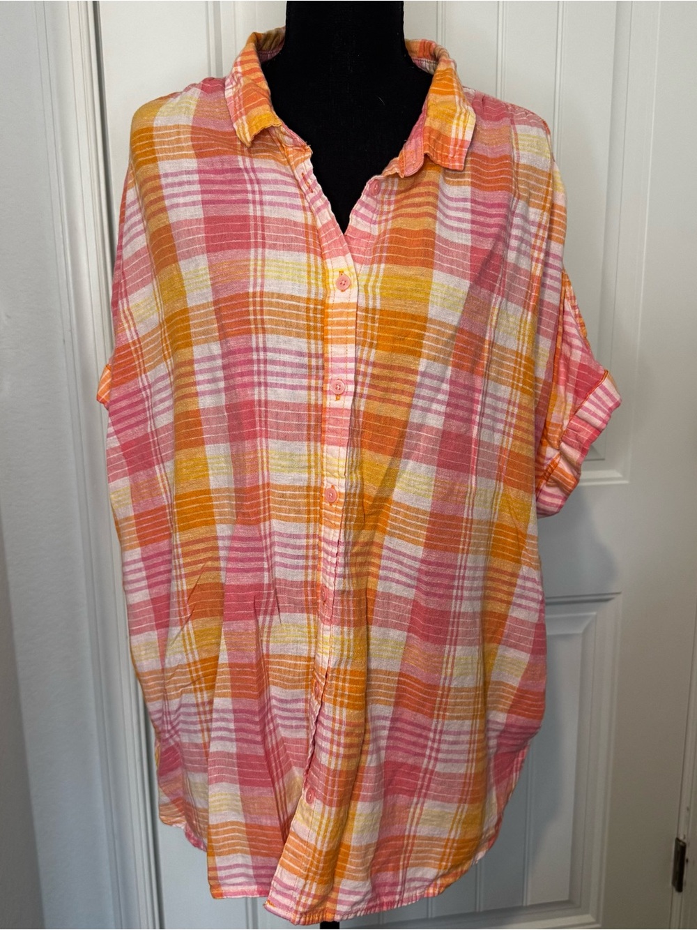 Time and Tru Pink and Orange Plaid Button-Front Shirt